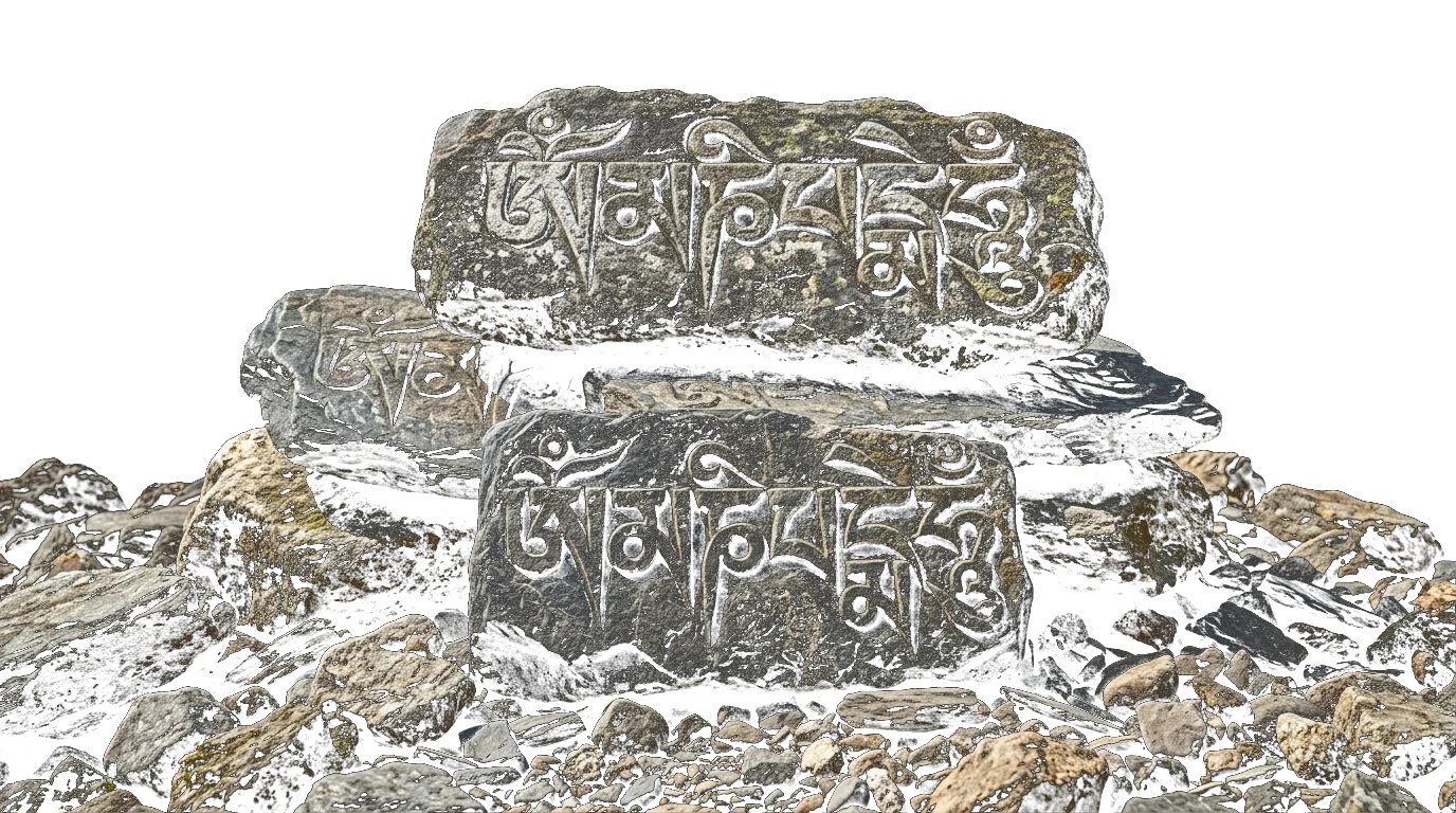 Carved Tibetan mani stone foreground