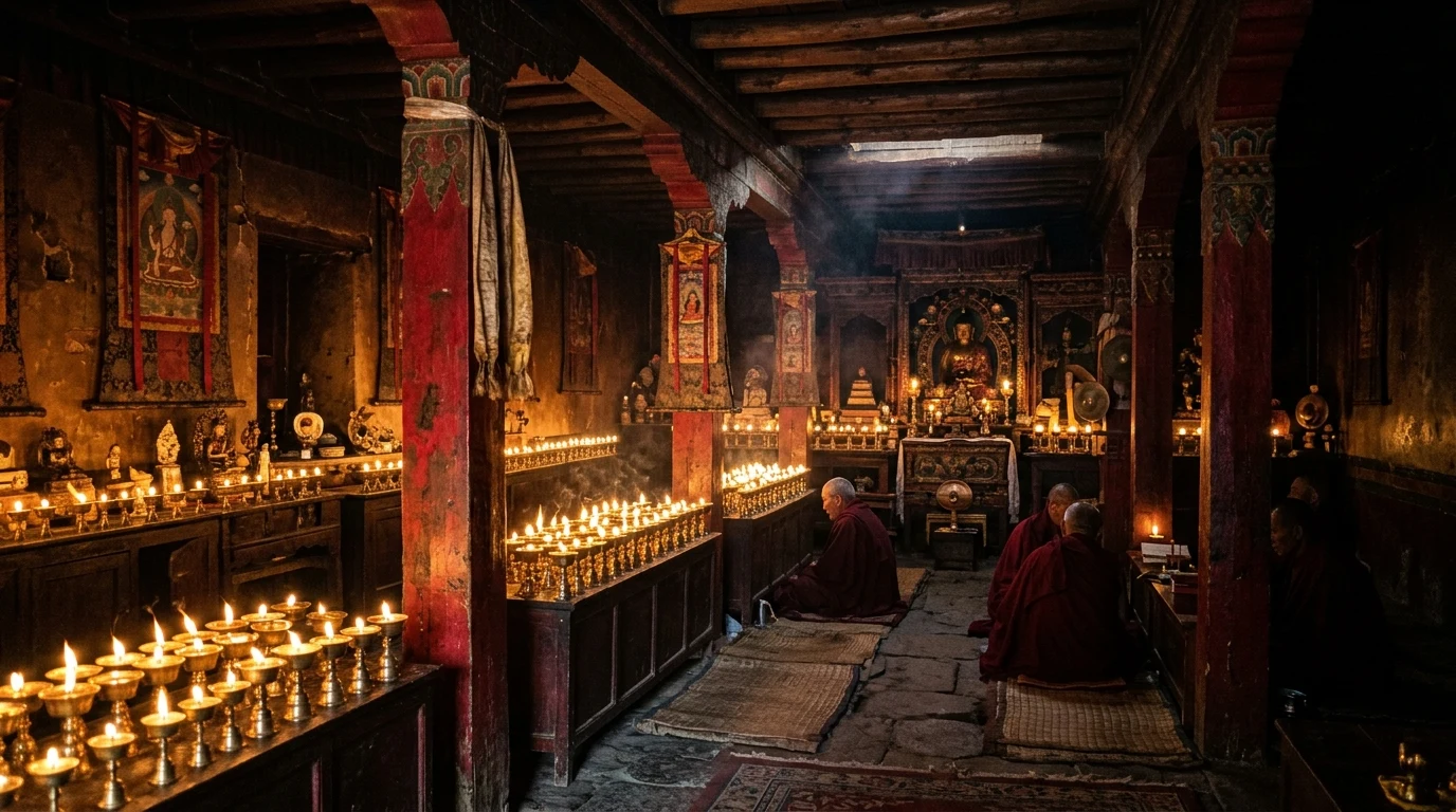 Monks in maroon robes surrounded by rows of golden butter lamps